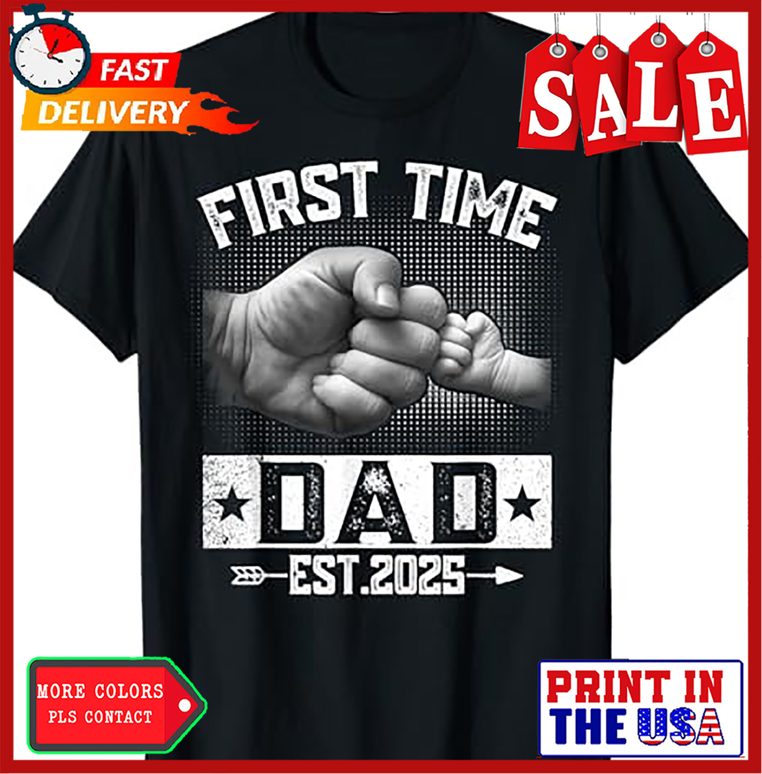 First Time Dad Est 2025 Fist Bump New Dad Funny Father's Day T-Shirt - Picture 2 of 6