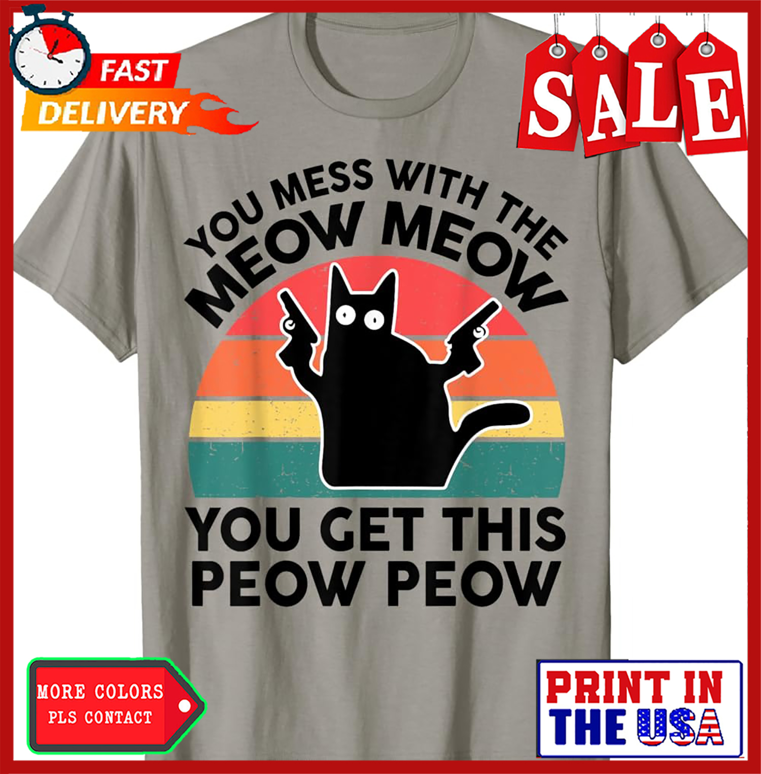 Men's Funny Cat T-Shirt - 'You Mess With The Meow Meow You Get The Peow Peow' Vintage Style, Dark Heather, XL