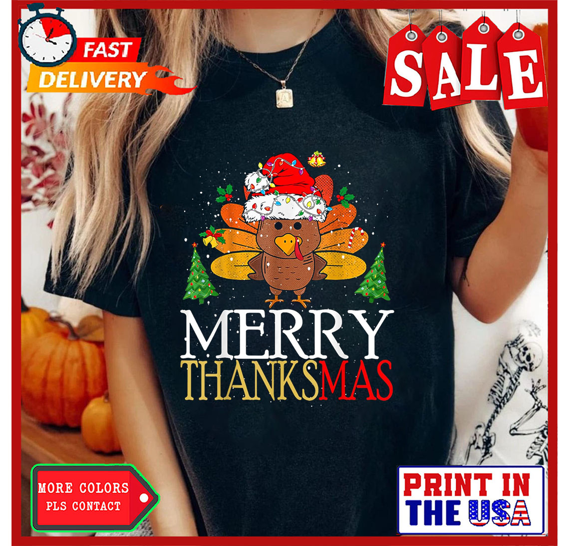 Merry Thanksmas Happy Thanksgiving Santa Turkey T-Shirt