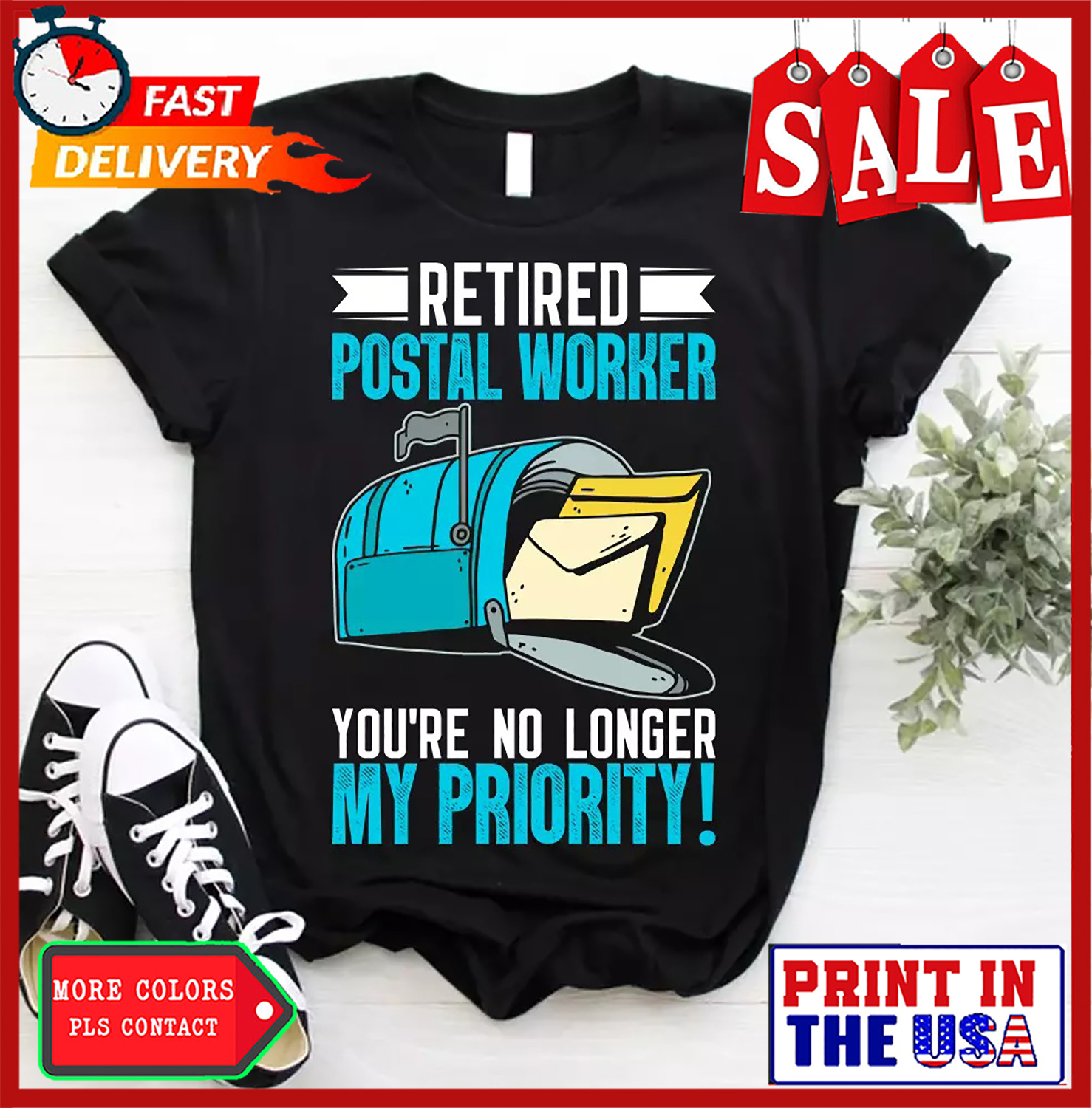 Retired Postal Worker No Longer My Priority Mail Retirement T-Shirt Postman Tee - Picture 2 of 6